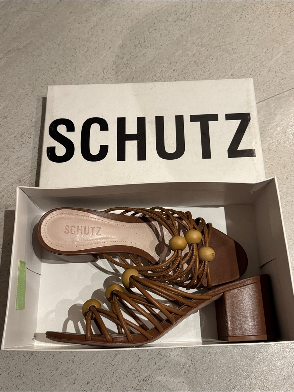 SCHUTZ Brown Strappy Block Heel Sandals with Wooden Bead Accents